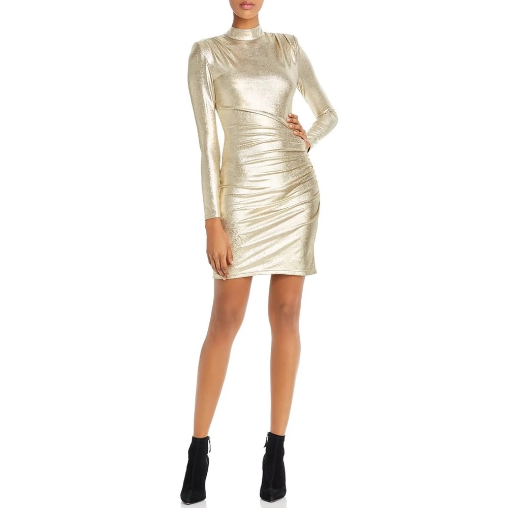 Alice + Olivia Hilary Ruched Mock Neck Dress in Pale Gold - NWT Never Worn